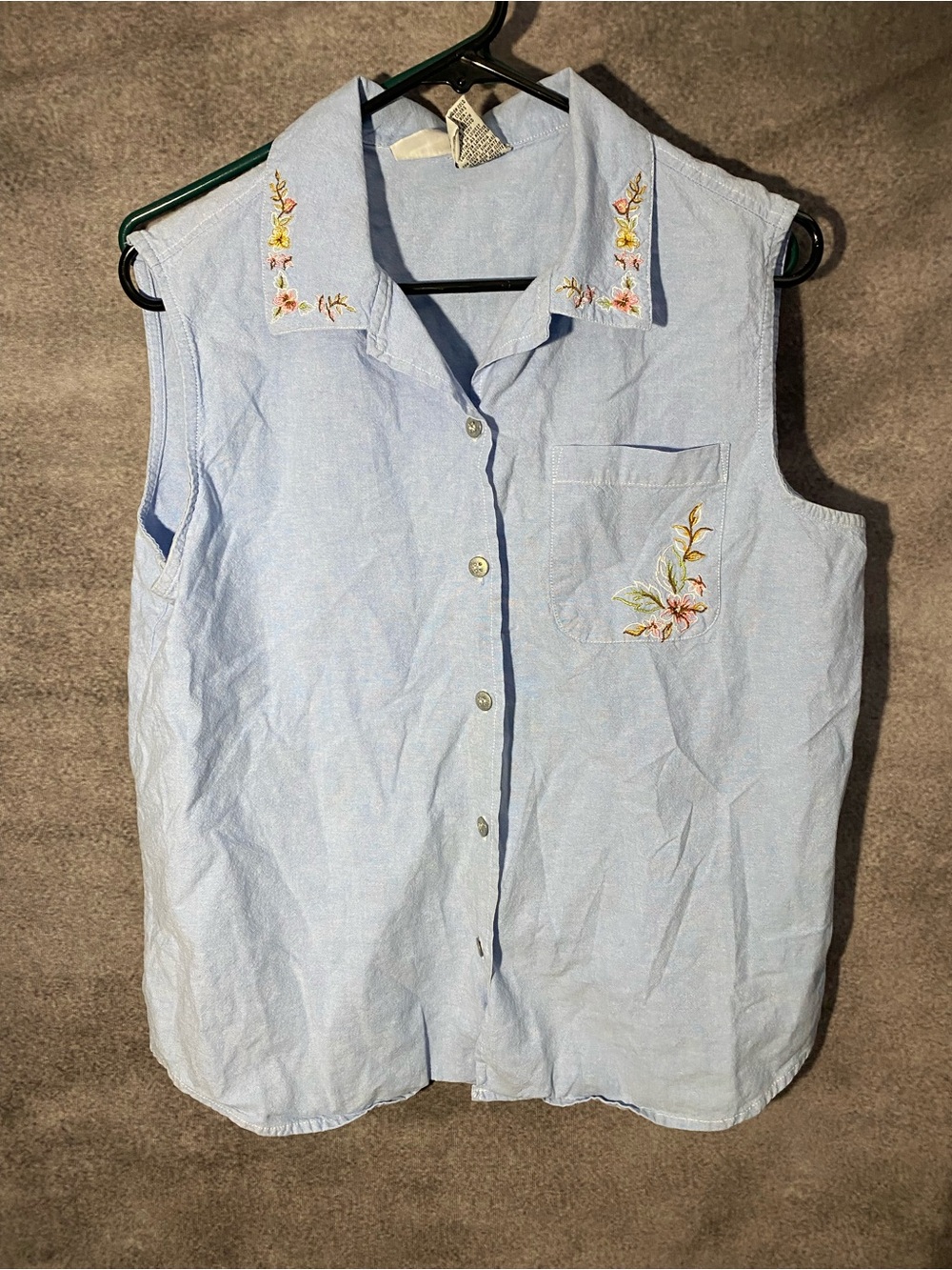 Capacity Vintage Women's Large Blue Sleeveless Shirt Floral Embroidered Cotton